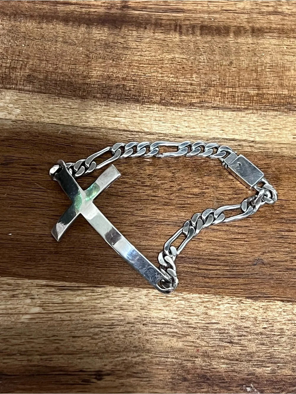 Vintage Sterling Silver Large Sideways Cross Bracelet Italian Figaro Link Chain